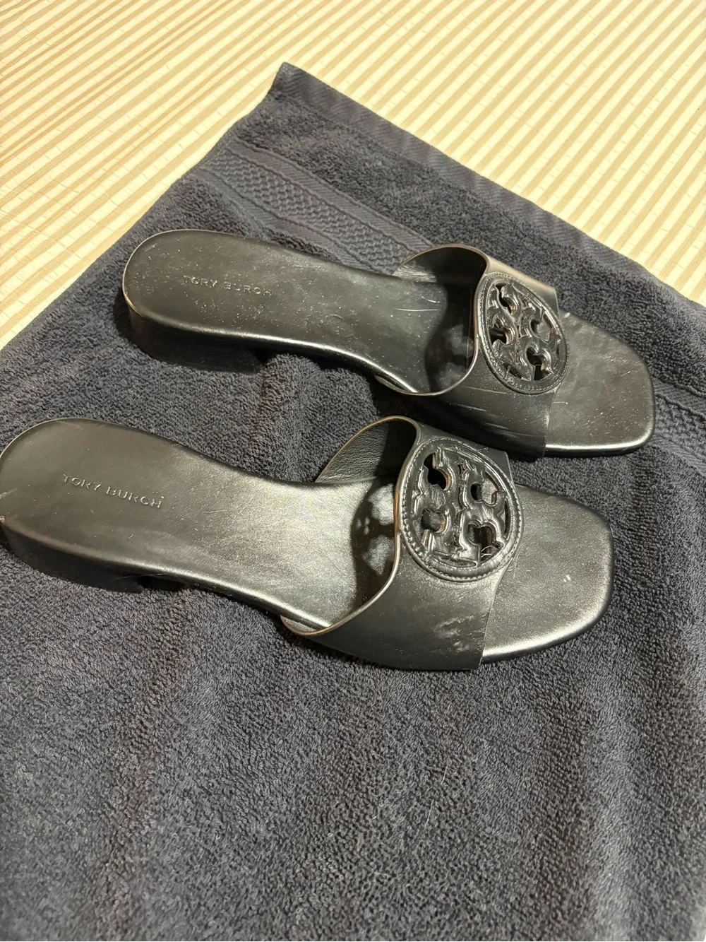 Tory Burch Black Leather Logo Slide Sandals